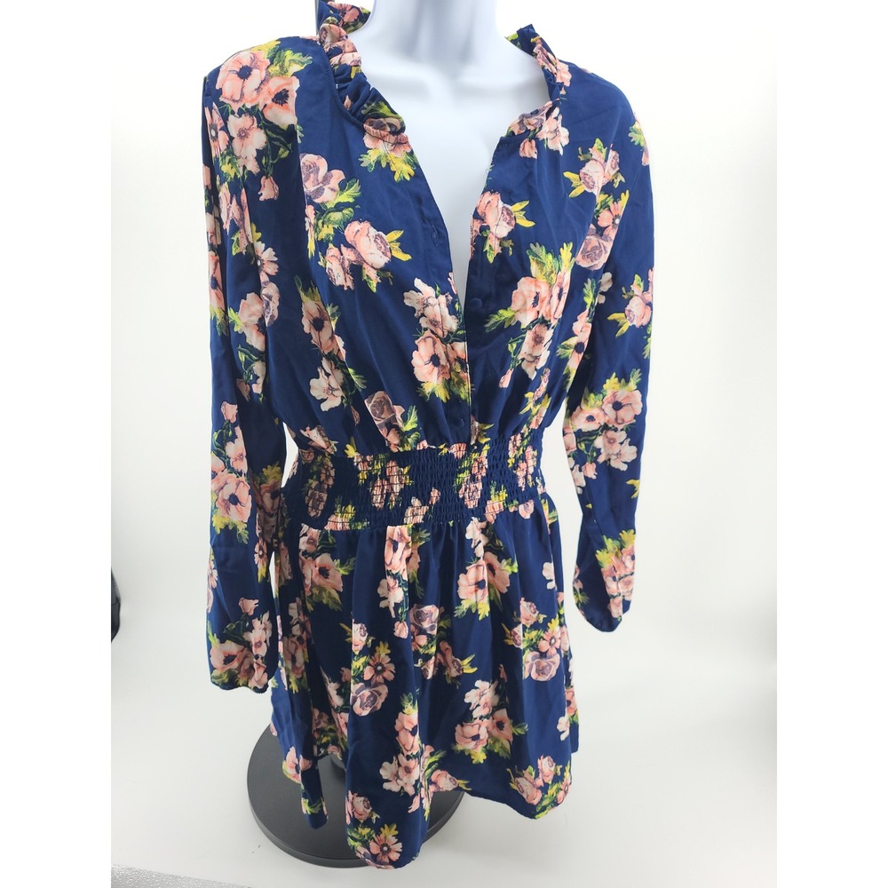 205 Collins Womens XL Navy Blue Floral Smocked Waist‎ Ruffle Neck Mini Dress